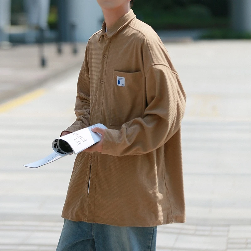 

Качественные вельветовые рубашки-карго, мужские мешковатые осенние шикарные пальто с длинным рукавом, однотонные однобортные блузки в стиле Харадзюку, уличные рубашки