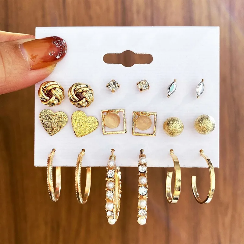 

Geometric Pearl Stud Earrings Set For Women Vintage Gold Color Metal Square Round Earrings 2022 Trendy Jewelry Party Gifts
