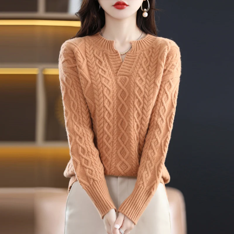 Korean 100% Pure Woolen Sweater Women's V-neck Pullover Loose Thickened Cashmere Sweater Solid Color Twisted  Knit Backing Shirt