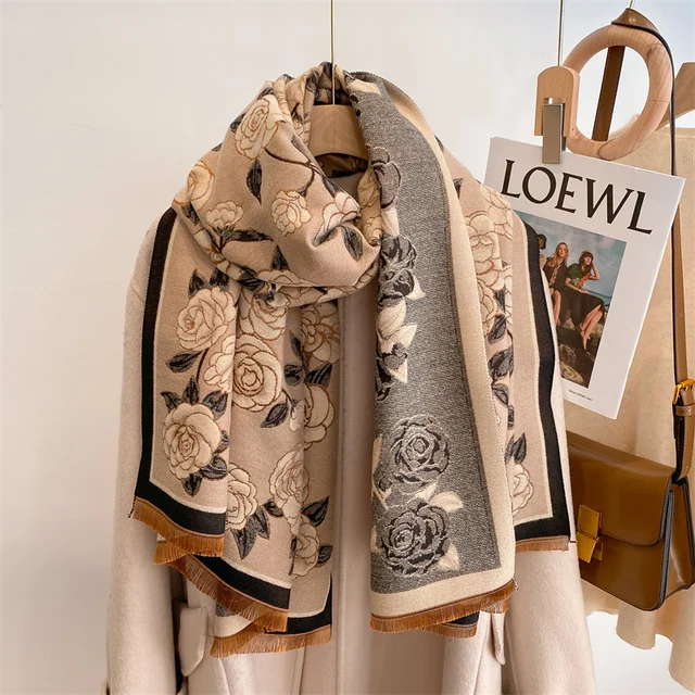 Luxury floral winter cashmere scarf for women design thick blanket poncho warm pashmina shawl wraps female bufanda echarpe 2022