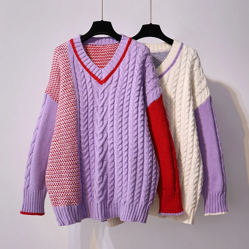 

2020 Autumn and Winter New Fashion Women's Pullover Full Sleeves High Street V-neck Contrast Patchwork Wild and Loose