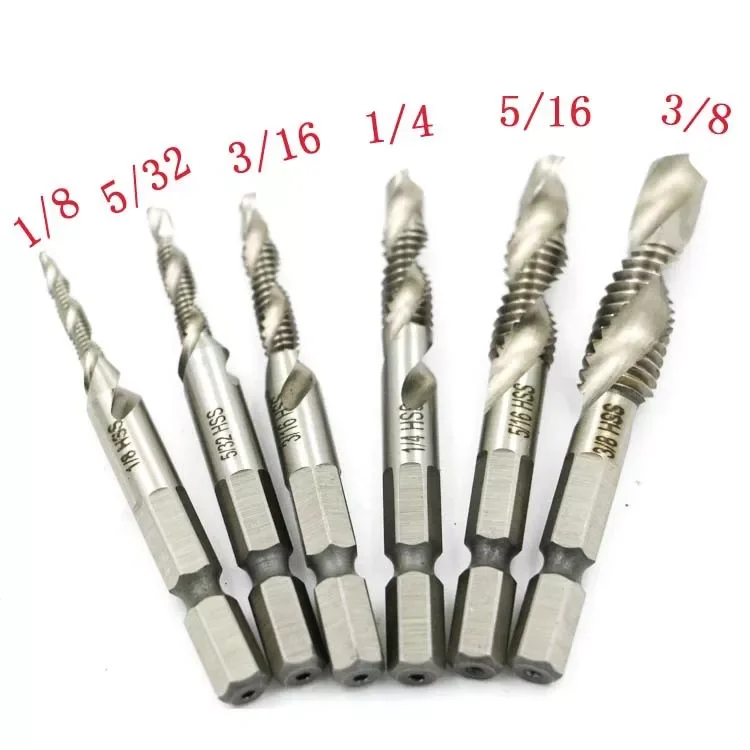 

6pcs 1/8-3/8 Inch Thread HSS Combination Drill Tap Bit Set 1/4 Inch Hex Shank Deburr Countersink Bits