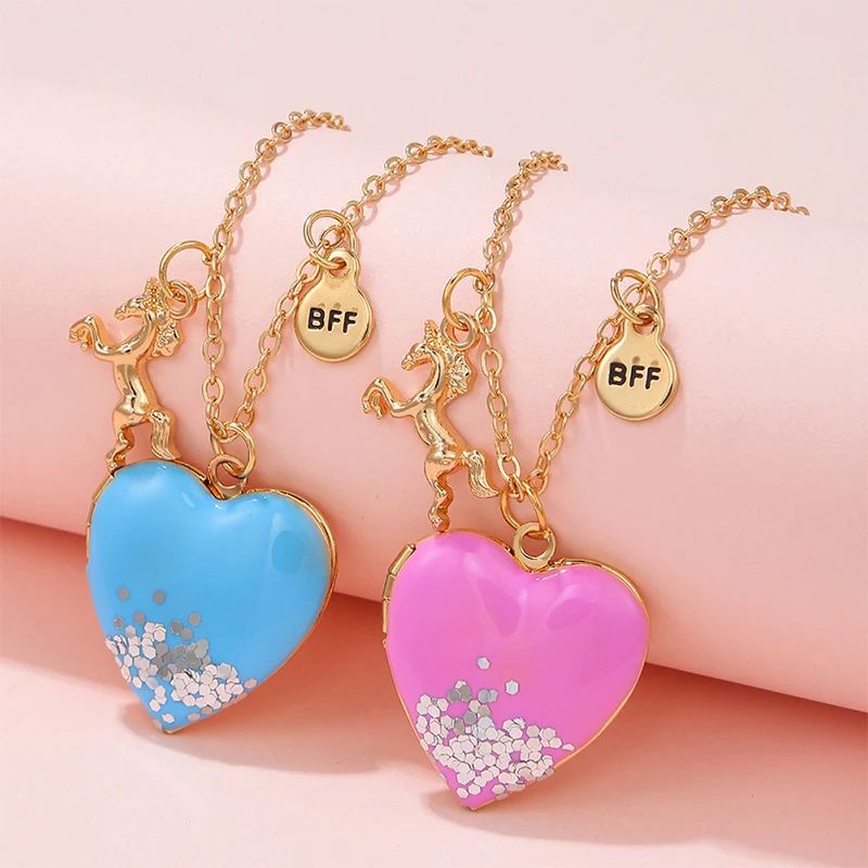 

2Pcs/set BFF Heart Pendant Locket Necklace for Girls Best Friend Photo Meaningful Friendship Gift