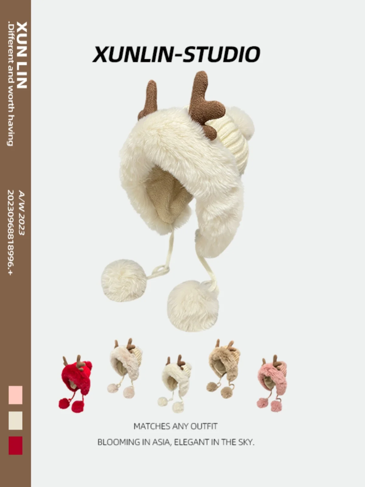 Christmas Chic Antler Hat Female Winter Cycling Cute Fur Ball Lei Feng Fleece-lined Warm Earmuff Knitted Woolen Cap