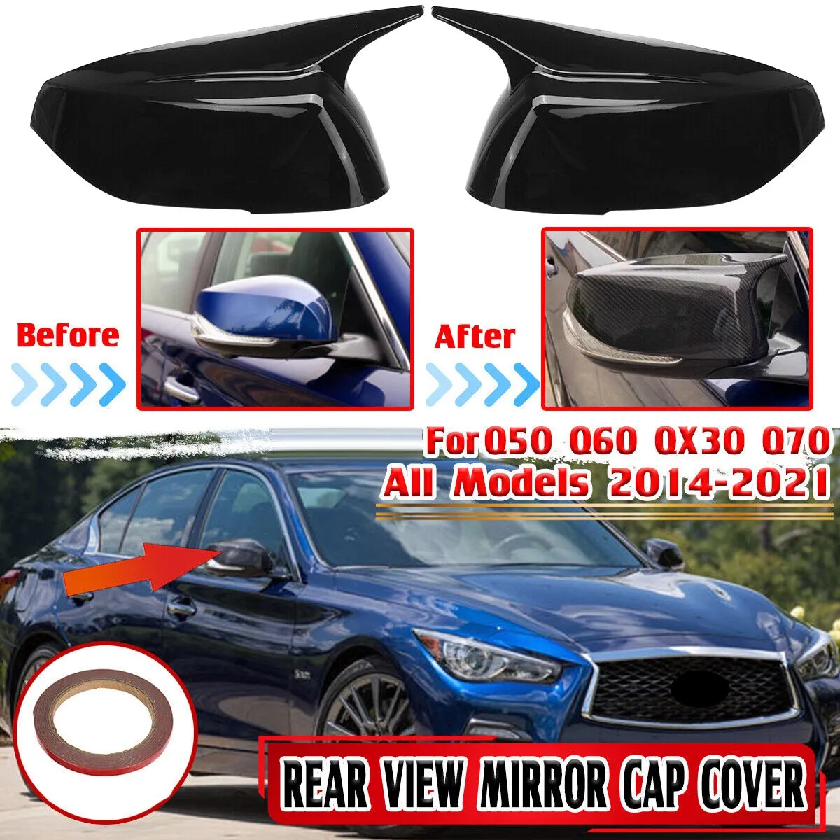 

Черная крышка для зеркала заднего вида Infiniti Q50 Q60 Q70 QX30 2014-2021, стильная пара