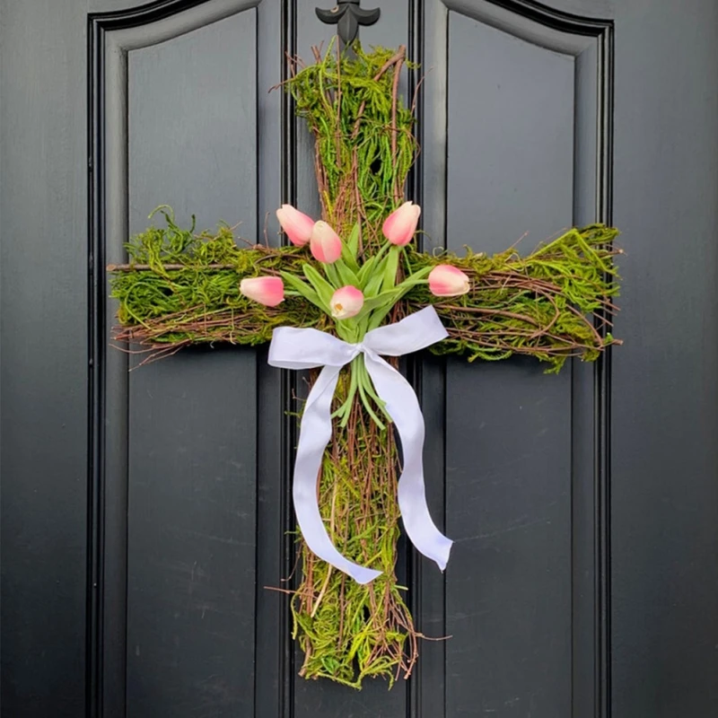 

Easter Cross Wreath Pink Tulip Flowers Garlands Rattan Hanging Frame Front Door Simulation Wreath DIY Easter Spring Decorating