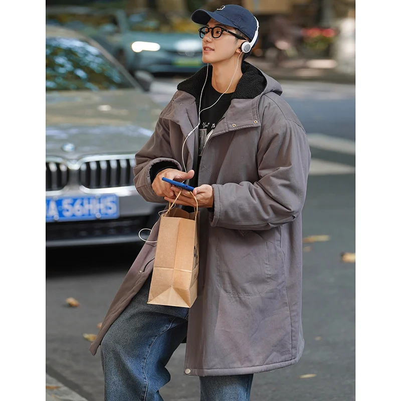 Winter Thick Long Coat Men Warm Fashion Oversize Lamb Wool Jacket Men Streetwear Korean Loose Thicken Hooded Coat Mens Parker