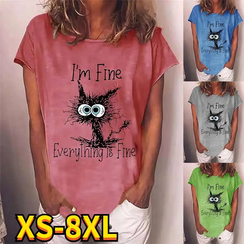 

2022 Summer Women's Cat 3D Printed Tee Shirts Round Neck Tops Casual Style Fashionable Short Sleeves Various Colors Pullover