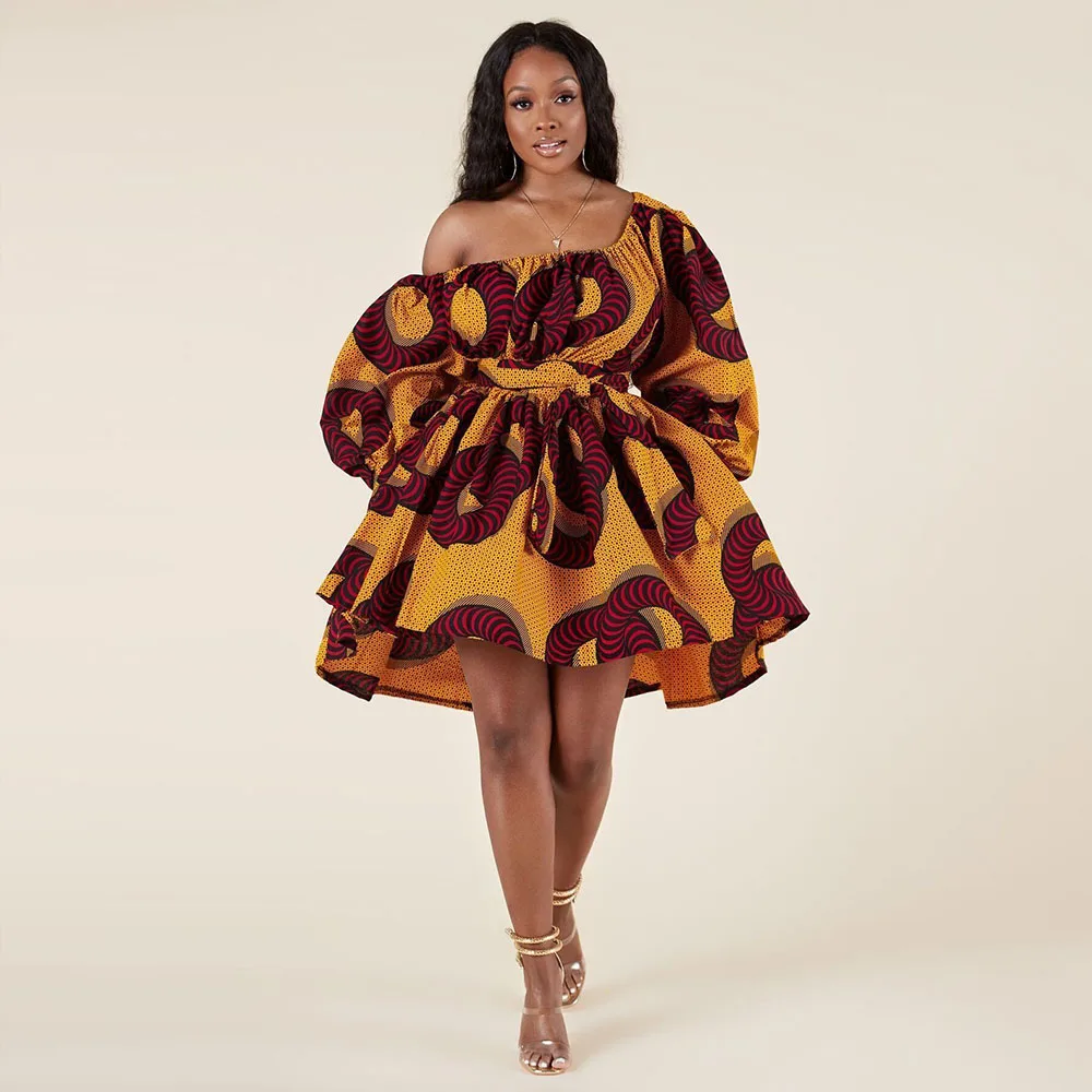 

African Dress Women European American Sexy Slanted Shoulder Elastic Shrink Dress Summer Bohemia Flower Print Two Wear