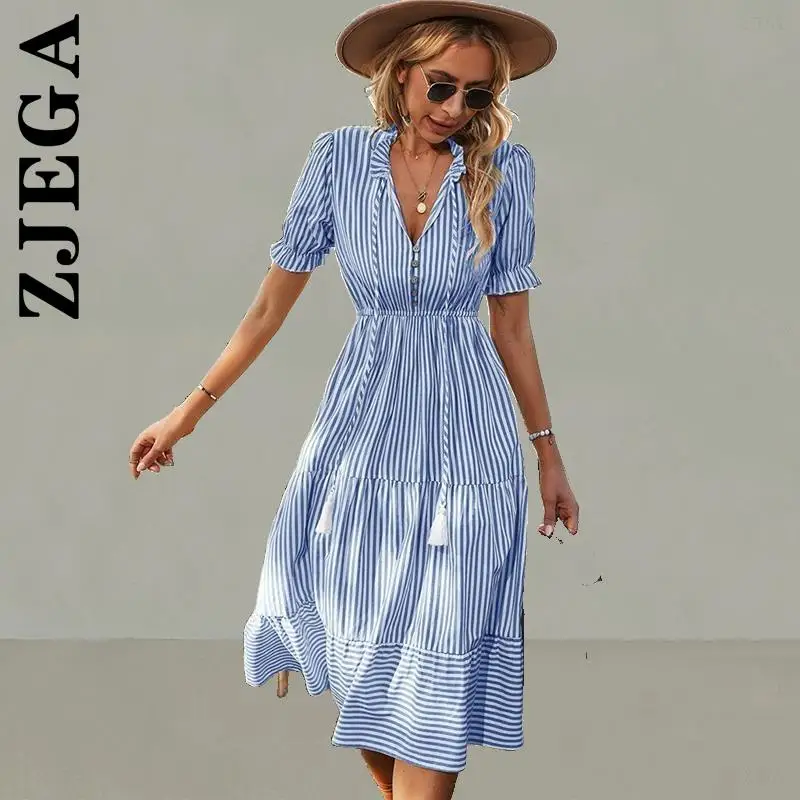 

Zjega Women New Dress Soft Causal V-neck Button Ruffles Midi Dress Streetwear Korean Harajuku Female Woman Clothes Vestidos