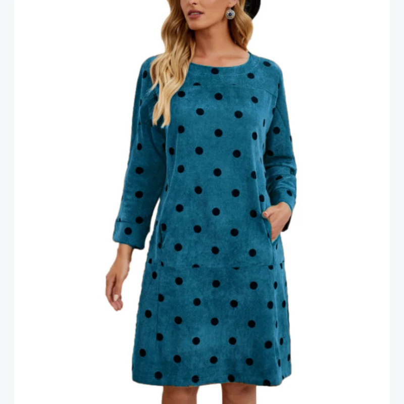 

Spring Long-sleeved Dress Women Fashion O-neck Casual Loose Mini Dress Vintage Polka Dot Print Elegant Lady Party Dresse Vestido