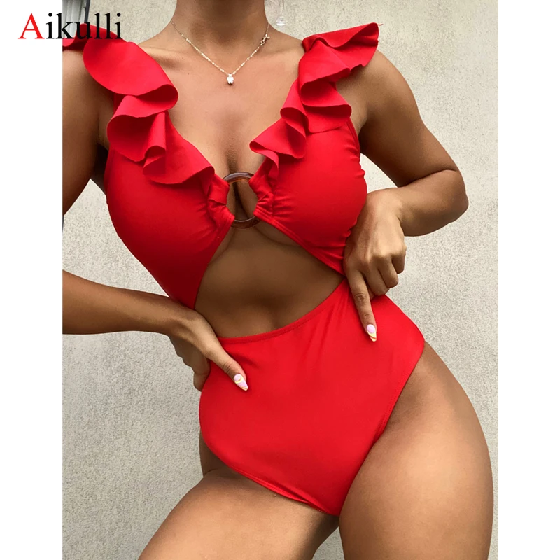 

Red Ruffled One Piece Swimsuit 2022 Swimwear Women's Sexy Hollow Ring Swimming Beachwear Woman Monokini High Waist Bathing Suits