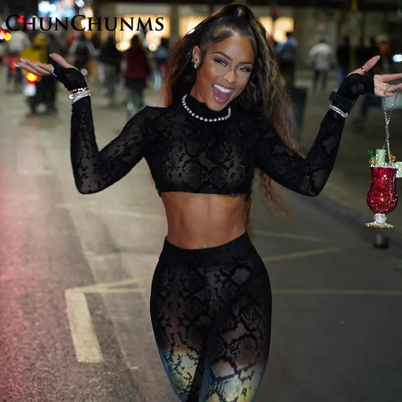 

Fashion Python Mesh Long Sleeve Crop Top Tights Pants Two Piece Set Women Sport Outfits See Through Pullover Leggings Fitness