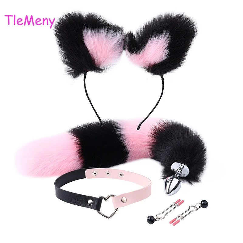 

TleMeny Cute Fox Tail Anal Plug Cat Ears Headbands Set Nipple Clip Neck Collar Erotic Cosplay Sex Toys Sex Products For Women
