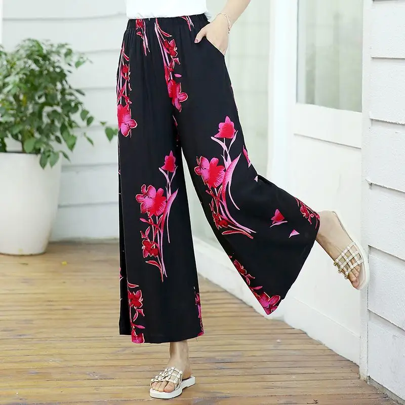 

2022 Summer Print Cotton and Linen Pants Middle-aged Lady Elastic Waist Loose Casual Pants Wide Leg Pants Mother Trousers O77