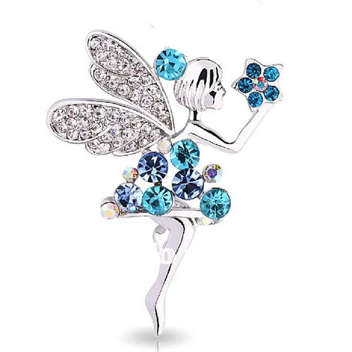 

1.75" Rhodium Silver Plated Blue Rhinestone Crystal Diamante Pretty Fairy Brooch for Girl Gift
