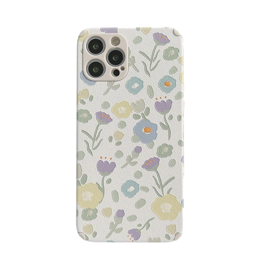 

Leather Texture Painted Flower Lens Full Wrap Soft Phone Case For Iphone 13 12 Mini 14 11 Pro Max X Xr Xs Max 7 8 Plus Se Fundas