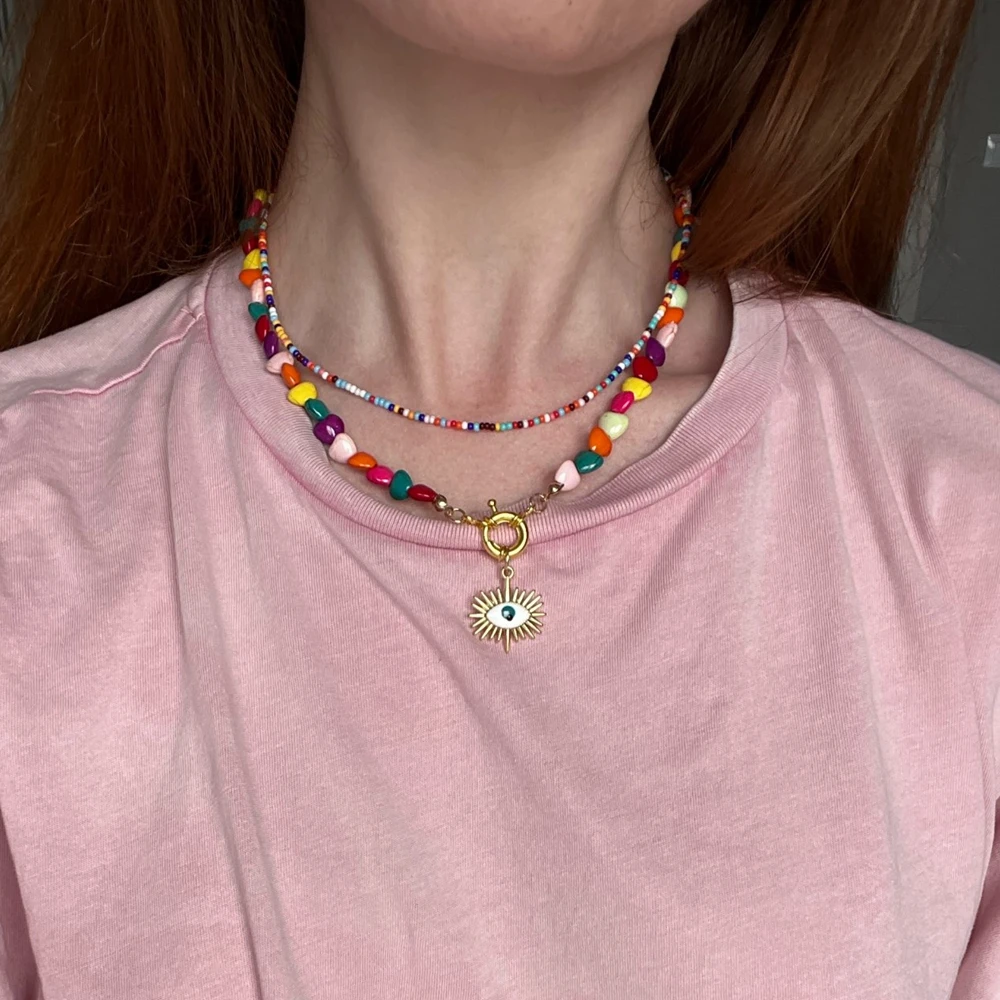 

TAUAM Colorful Heart Choker Necklace for Women Bohemian Seed Beads Evil Eye Pendant Necklaces Summer Fashion Jewelry