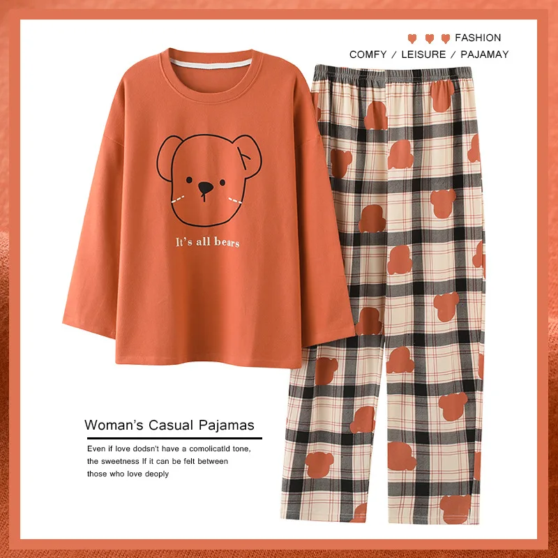 

Kawaii одежда женская Хлопковая пижама с принтом комплект из двух предметов пуловер с длинным рукавом Топ Брюки Пижама для женщин одежда для сна Pjs