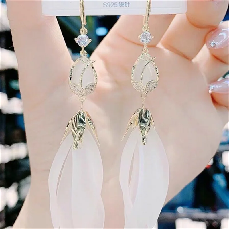 

Fashion Women's Stainless Steel Petal Tassel Earring Pendant 925 Sterling Silver Albumin Bride Engagement Jewelry Gift Pendiente