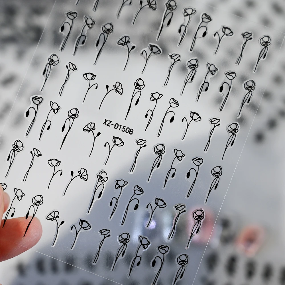 12 шт./компл. черно-белые чернила наклейки для ногтей с растениями и цветами роза