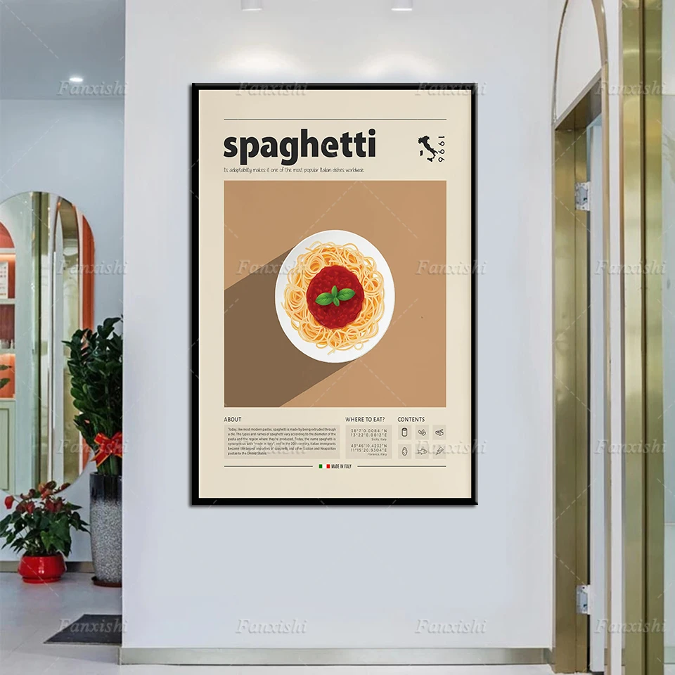 Spaghetti Poster,Food Print,Italian Food,Retro Poster, Housewarming Gift,Kitchen Wall Decor,Mid Century Poster,Minimalist Prints