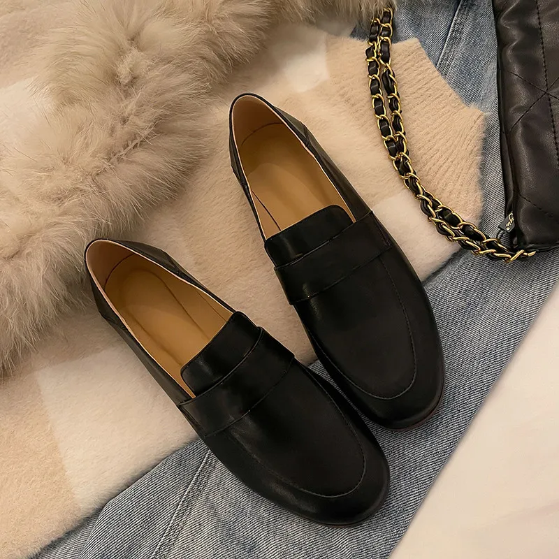 MKKHOU Fashion Loafers Shoes New High Quality Real Leather Round Head Gold Button Comfort Soft Sole Shoes Daily Light Shoes