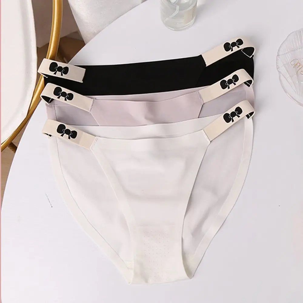 

Sexy Ice Silk Low Waist Underwear Simple Solid Color Bow Printed Thong Comfortable Traceless Panties for Women Brief