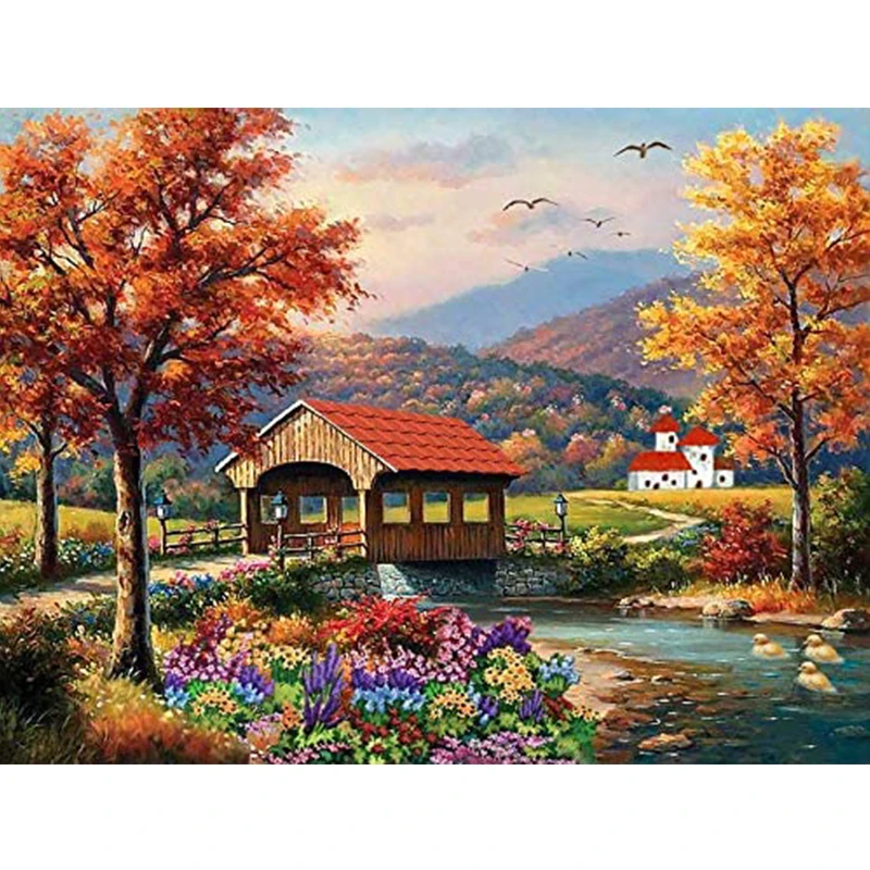 

Diy Diamond Embroidery Garden Villa View 5D Diamond Painting Cross Stitch Kits Bridge Flower Scenery Rhinestone Handcraft Gift