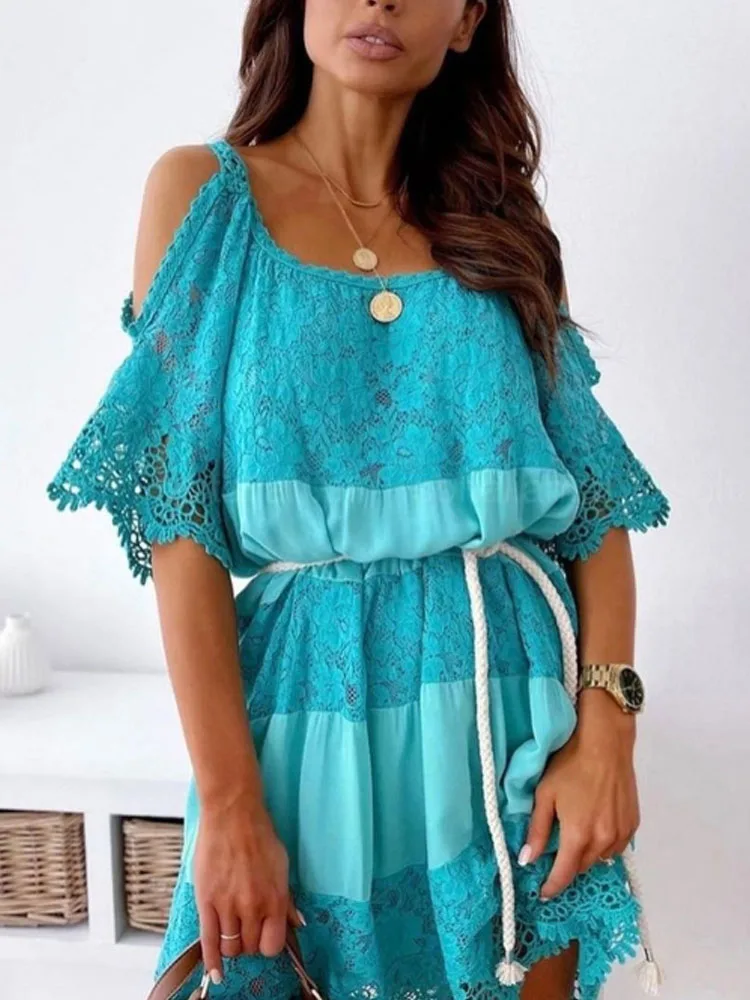 

Sexy Off Shoulder Sling Ladies Dress Fashion Solid Color Lace Up High Waist Party Dress Women New Elegant Lace Slim Waist Dress