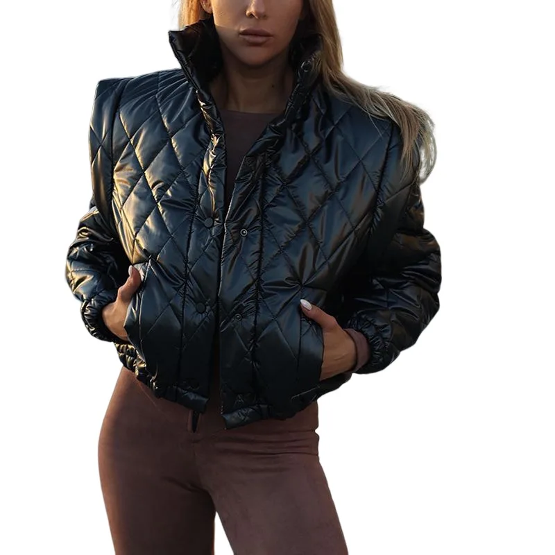 Diamond Check Pattern Long-Sleeved Short Cotton Jacket Women 2022 Autumn and Winter New Sleeves Can Be Removed Two Wear Cardigan