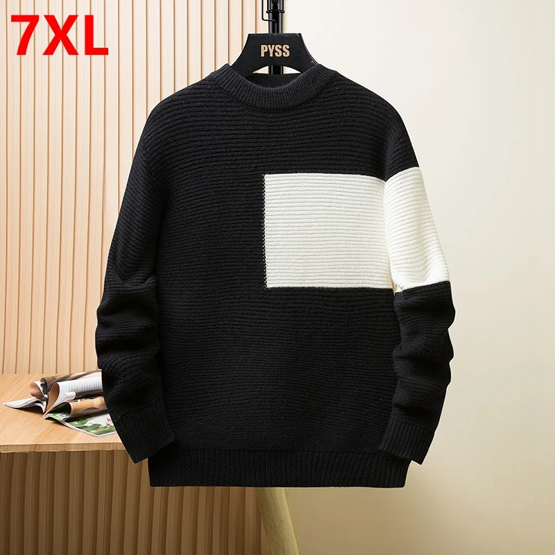 

Spring Autumn Plus Size Men Simple Contrast Color Black and White Spliced Sweater Fashion Round Neck Light Fashion 130kg 7XL