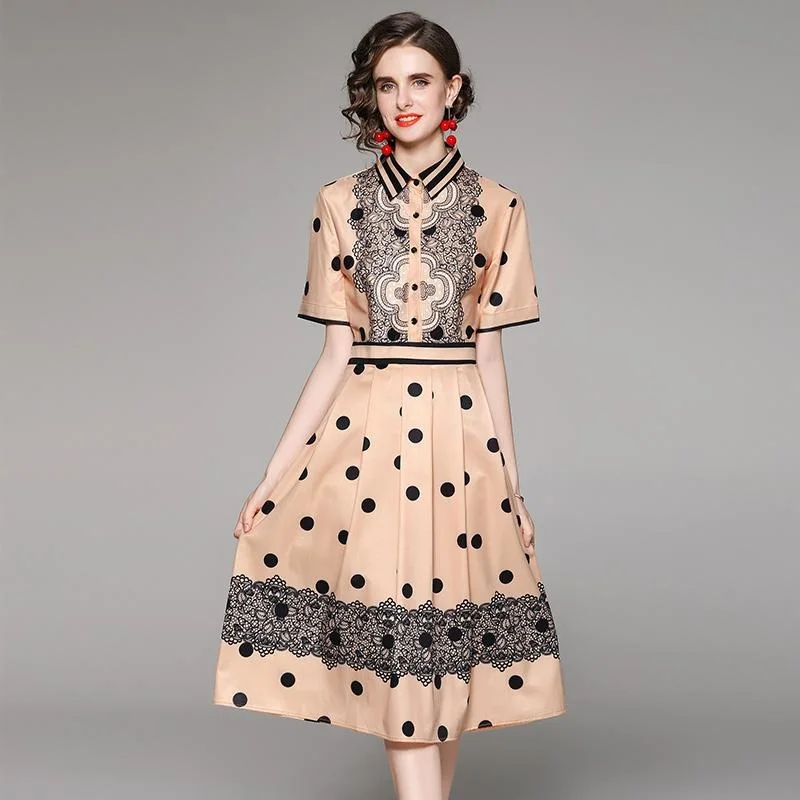 Женское офисное платье в горошек однобортное платье-футболка средней длины с