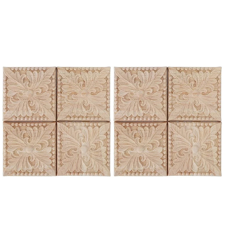 

8Pcs Wood Carved Appliques,Wood Onlays Carving Checkered Unpainted Decal For Door Bed Cabinet Cupboard Furniture Decor