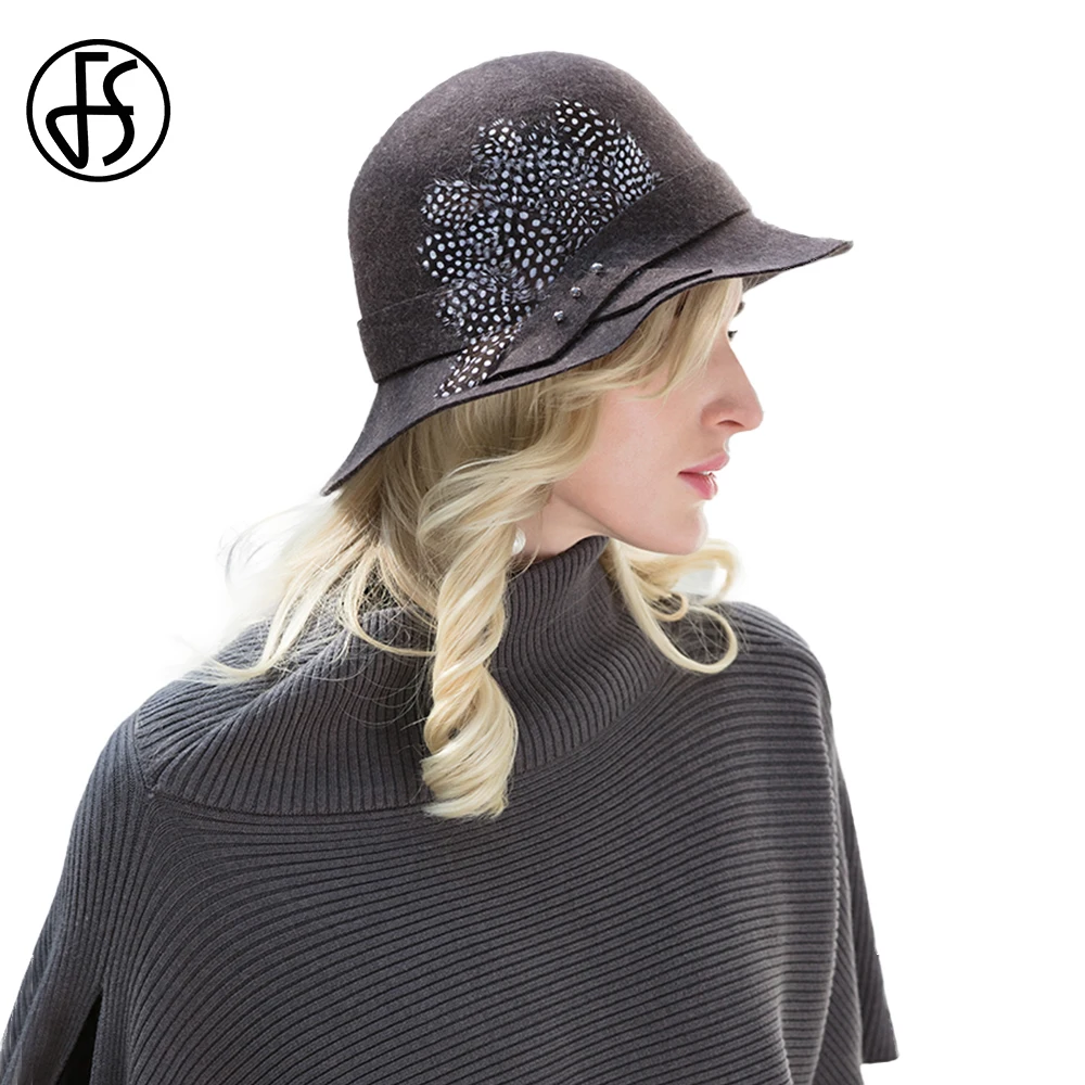 

Женская фетровая шляпка-«Колокол» FS, винтажная шерстяная шляпка-«Колокол» с широкими полями, черного цвета, в британском стиле, на осень/зим...