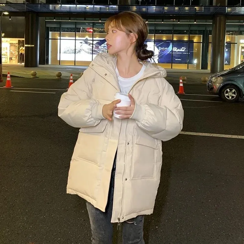 Down Padded Cotton Winter Jackets 2022 New Women's Parka Long Sleeve Pockets Hooded Casual Coats Solid Loose Outwear Female Tops