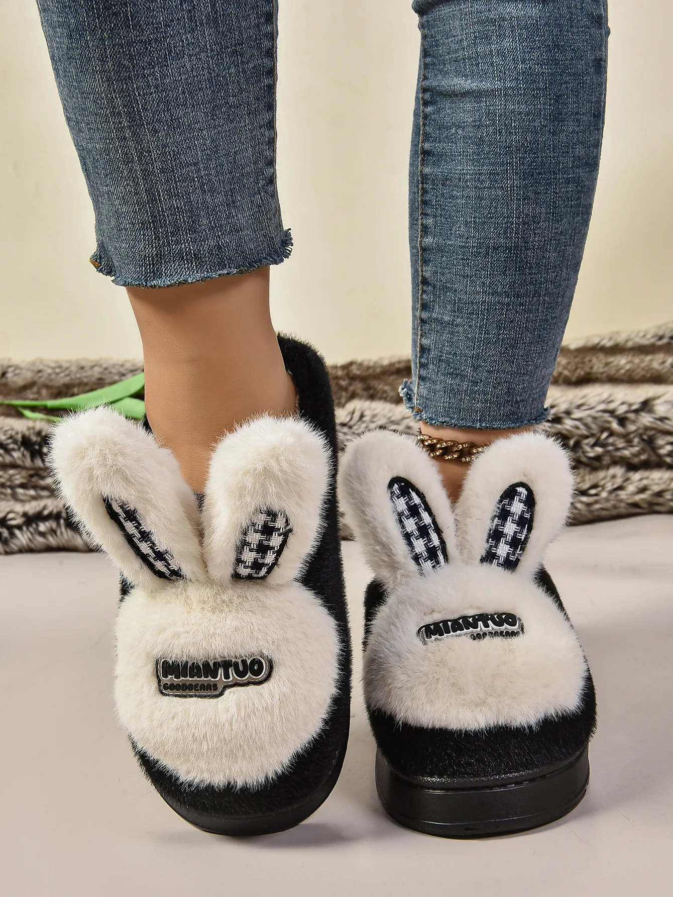 2024 новые зимние хлопковые тапочки женские кроличьи уши бархатные теплые