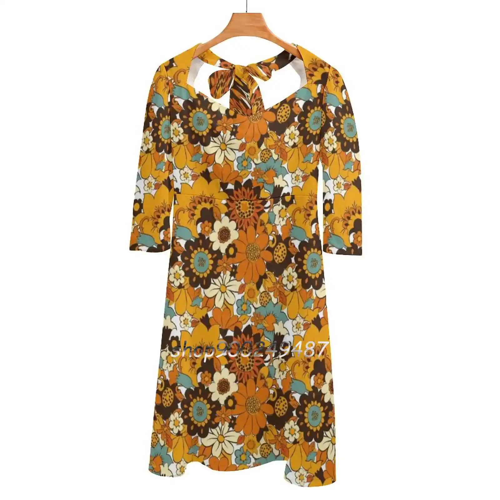 

70S 60S Retro Flower Power , Floral Pattern Square Neck Dress New Plus Size Elegant Women Waist Tight Dress Flower Power 70S