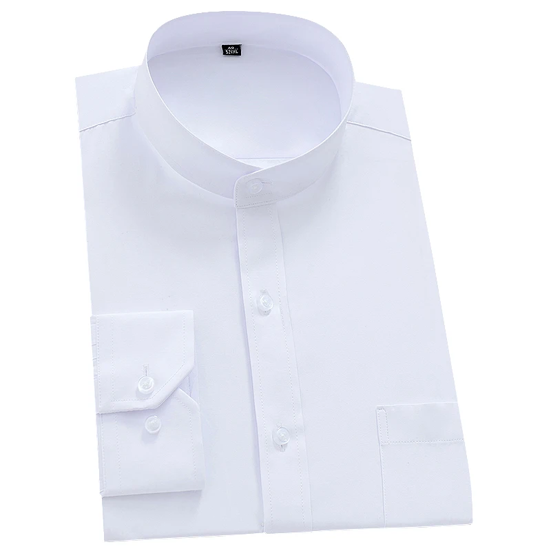 

Formal Chinease Fit For Solid Collar Sleeve Men Plain Shirt Stand Long Bussiness Male Dress Tops Mandarin White Shirts Regular