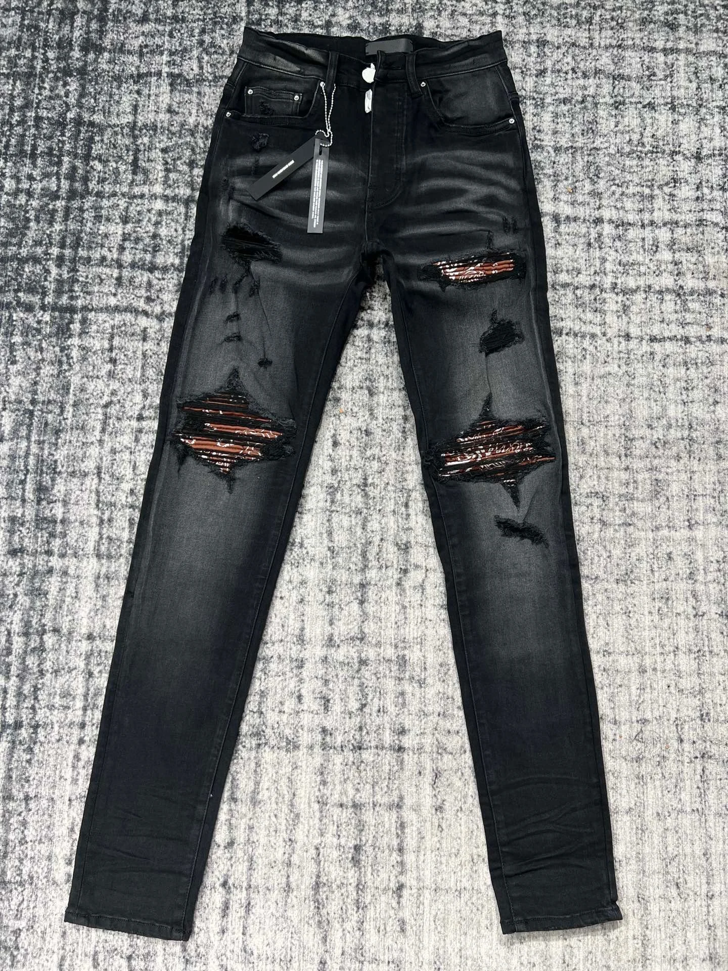 

Fashion brand washed holes do old patchwork color contrast slim jeans men high street Europe America