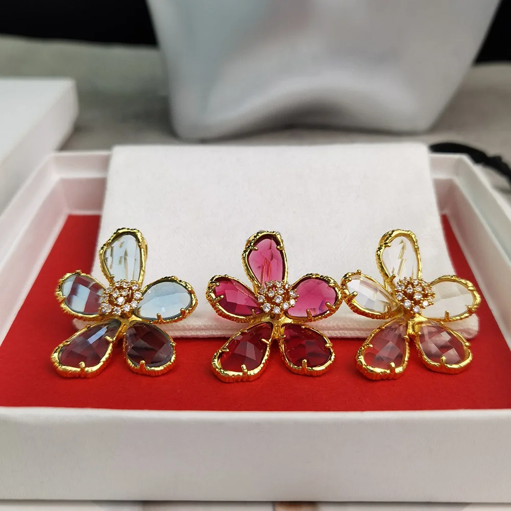 

Luxury Brand Fashion Pink Blue Crystal Flower Dangle Earrings 2022 Trend New Designer Jewelry Women Accessories Free Shipping