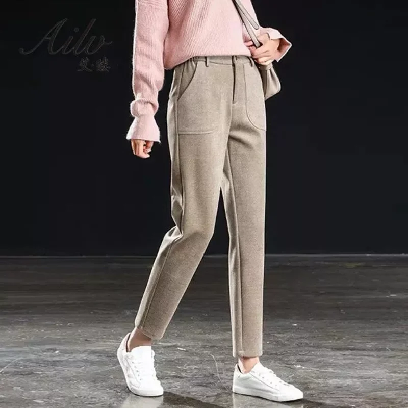 

Осенне-зимние шерстяные шаровары, новые женские брюки, повседневные брюки с редисом, Модные женские осенние свободные брюки с высокой талие...