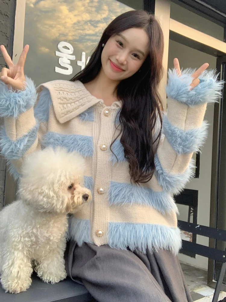 Женский винтажный свитер в полоску элегантный однобортный трикотажный