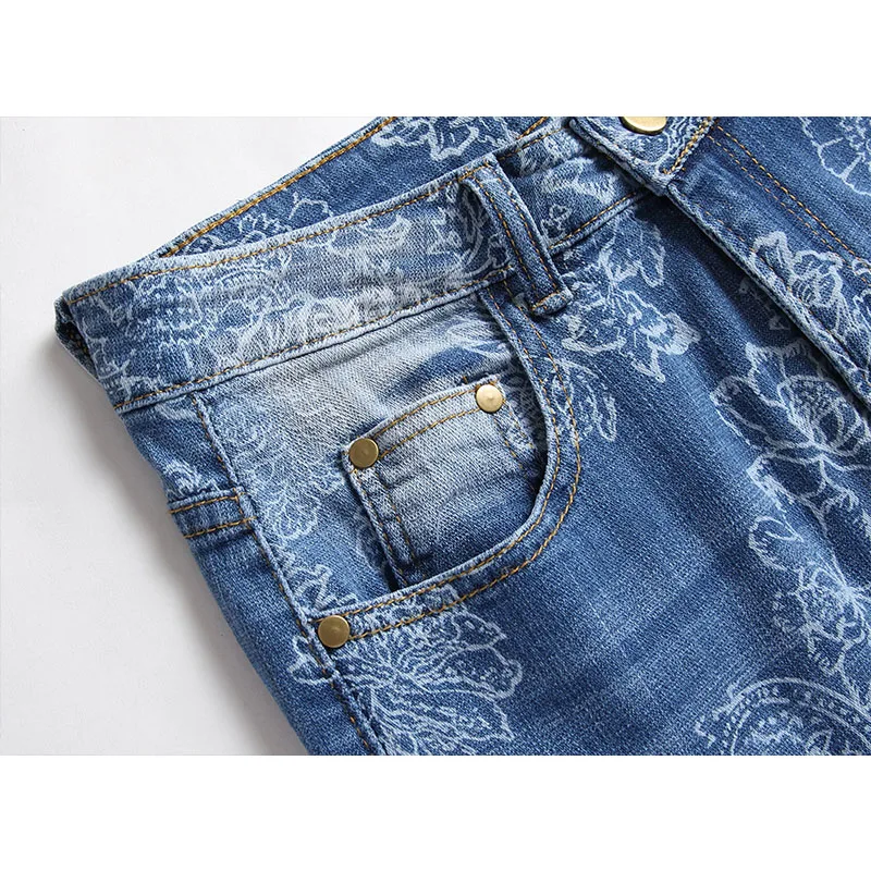 2022 High Quality Men Casual Jeans Flower Digital Printing Straight Biker Jeans Male Vintage Blue Denim Pants Hombre Plus Size