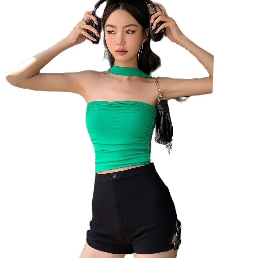 

Европейские современные женские топы, зеленый вязаный сексуальный женский летний топ без рукавов с лямкой на шее