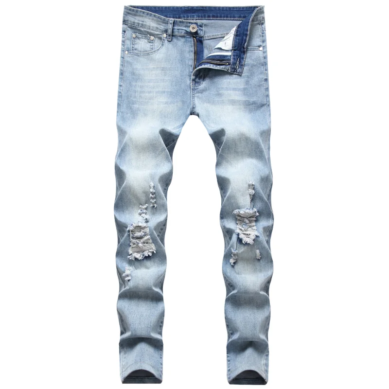Mens Slim Elastic Jeans Men Straight Denim Trousers Zipper Patchwork Slim Blue Hole Jeans for Men Boyfriend Jeans