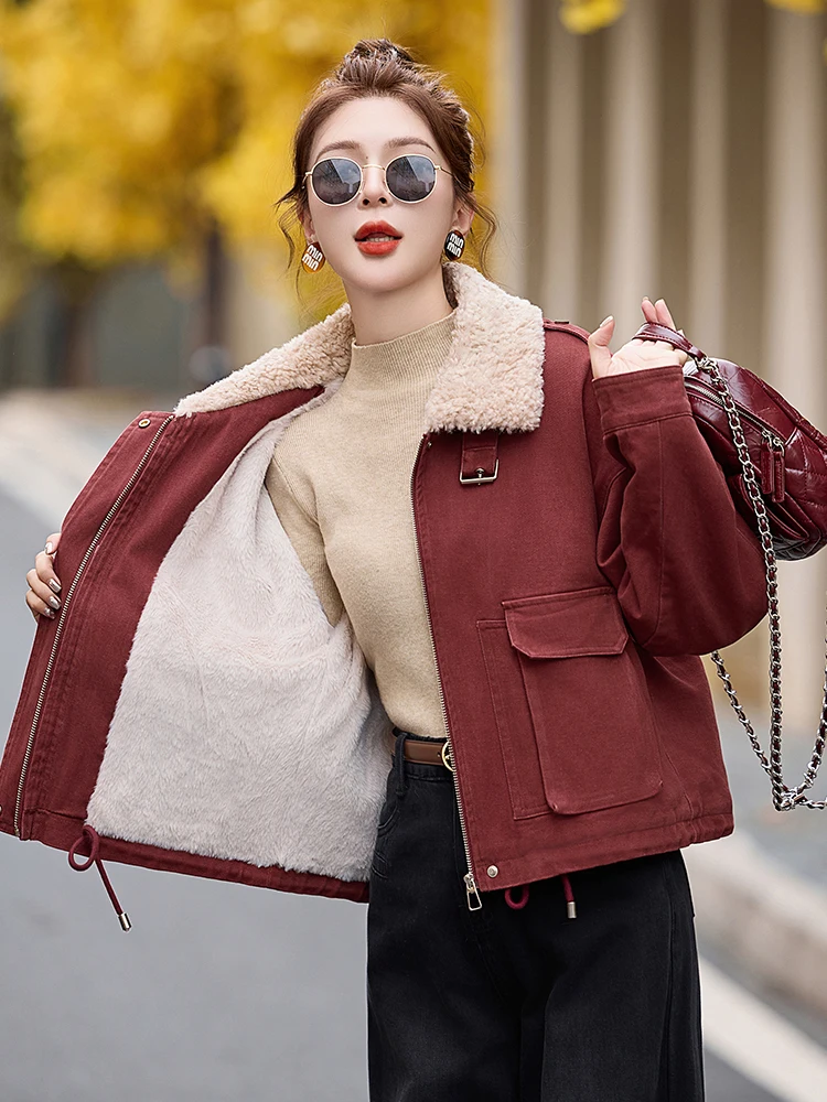 Ankela красное джинсовое пальто плюс бархатное женское короткое 2024 зимние