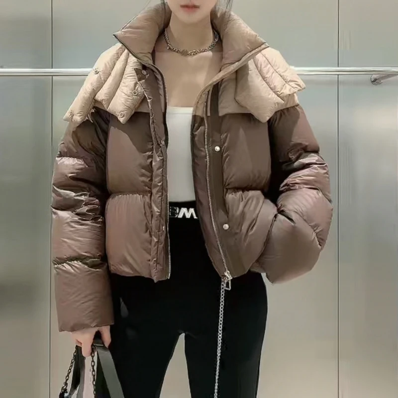 Contrast color down jacket Short Warm Women Winter Hooded  High neck Puffer coat Designer Oversized Parkas Fashion INKEO 2O387