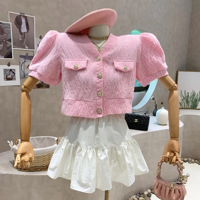 

New Women's Clothing 2022 Spring Vintage Puff short sleeve single breasted V-neck shirt versatile short Tops feminine blouses