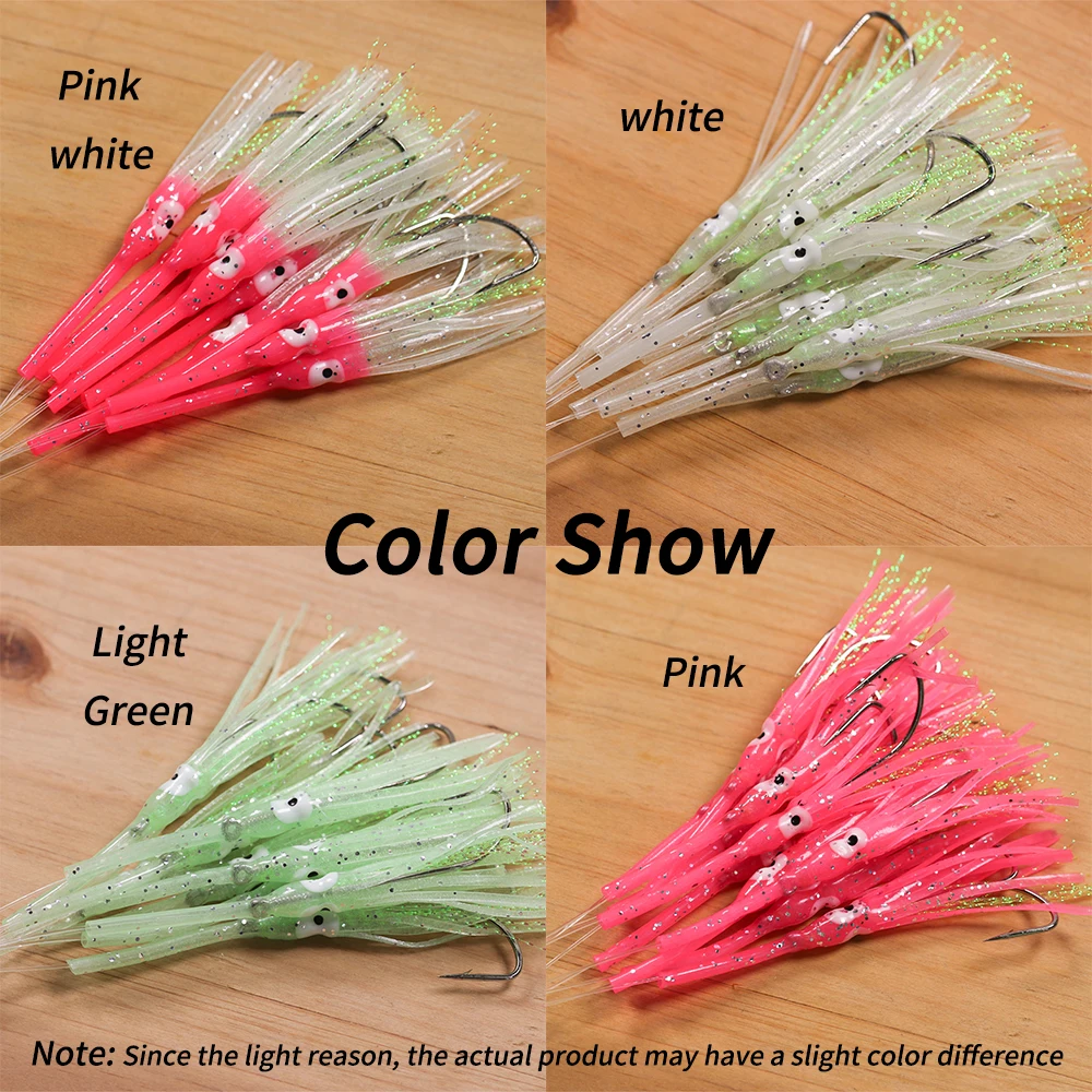 Elllv 10pcs 3/0 Hook Pre Tied Anti-bite Luminous Squid Skirts with Monofilament Line Saltwater Mackerel Herring Fishing Lure images - 6